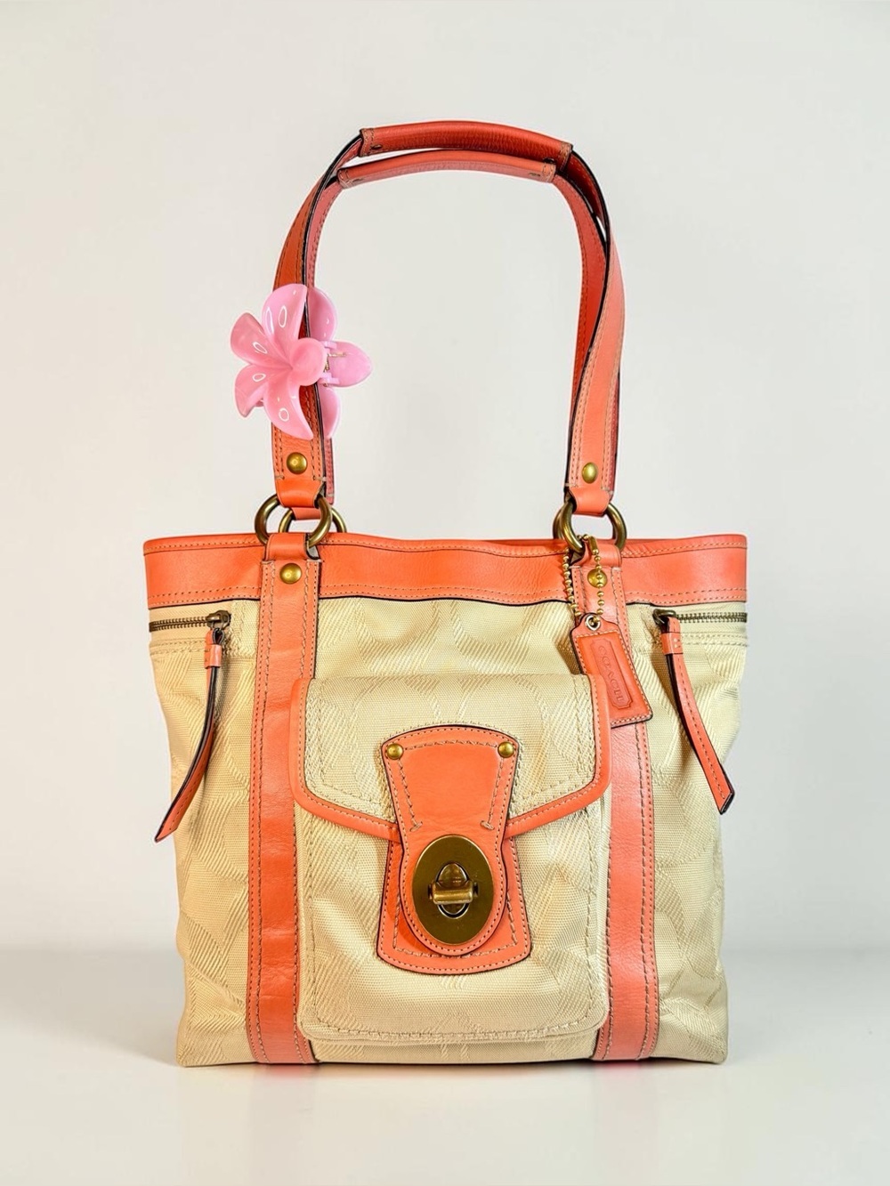 🍑 Vintage Coach 65th Anniversary Legacy Large Tote Turnlock Bag Coral/Pink
